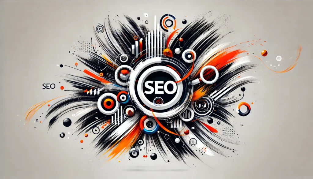 Abstracte digitale marketingafbeelding met krachtige zwarte, witte en oranje penseelstreken en SEO-symbolen in een dynamische compositie.