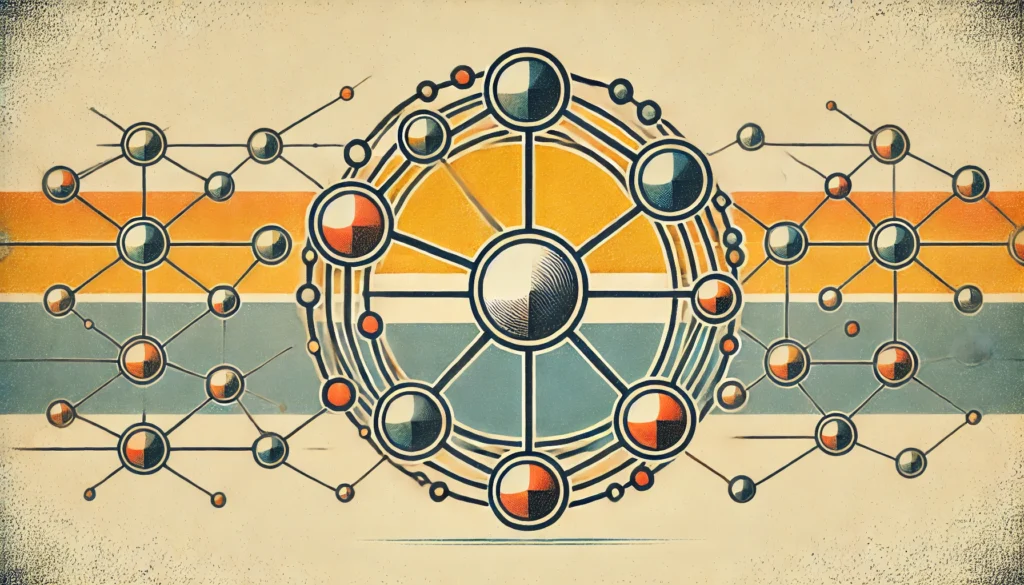 Retro-stijl vectorillustratie van backlinks, met een geometrisch patroon van verbonden knooppunten in een vintage kleurenpalet zonder tekst.