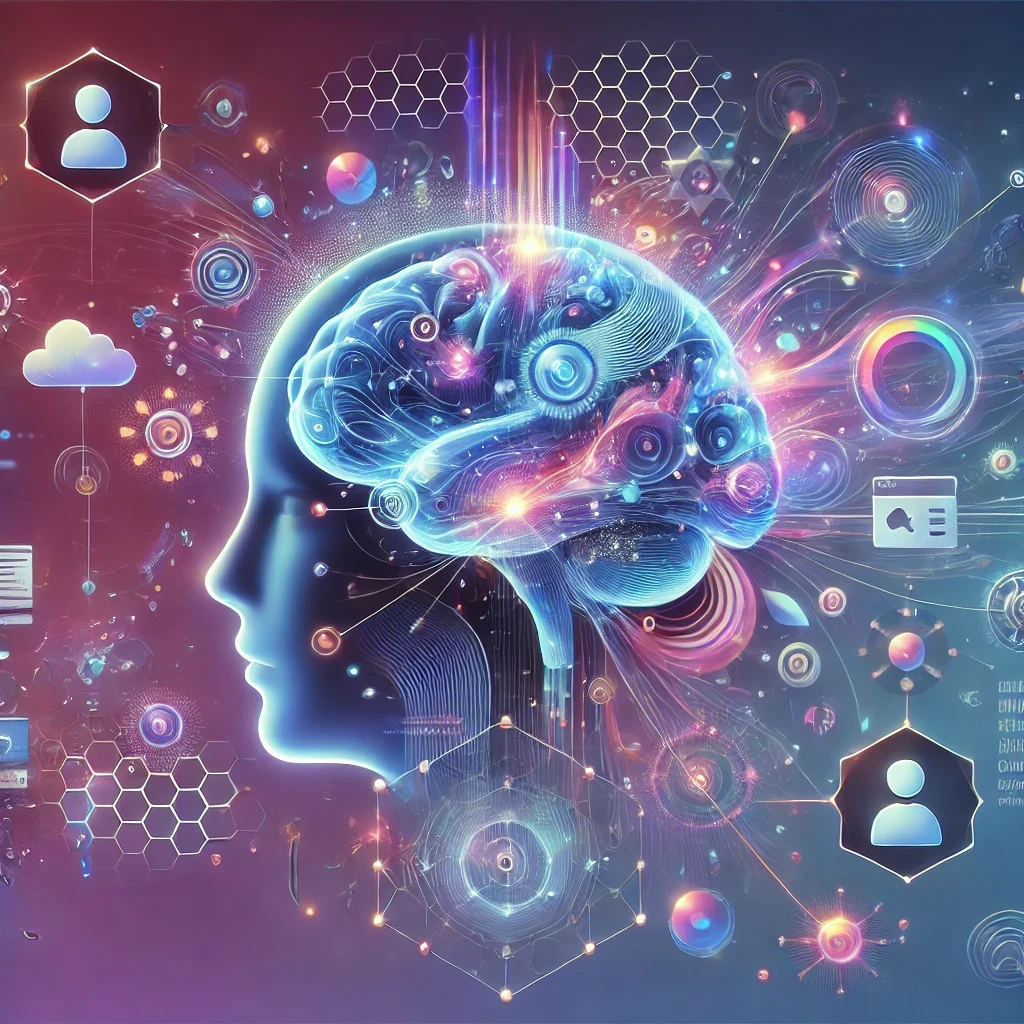 Een futuristische illustratie van Generative Engine Optimization (GEO) met een gloeiende AI-hersenen omringd door verbonden digitale elementen, zoals datastromen, gebruikersprofielen en zoekmachine-iconen. Het kleurenpalet bestaat uit levendige blauwen, paarstinten en neonkleuren, wat technologie en innovatie benadrukt.