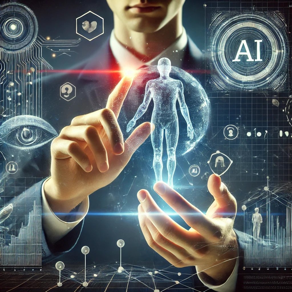 Realistische illustratie van handen die interageren met futuristische hologrammen, symboliserend AI gedreven marketingstrategieën.